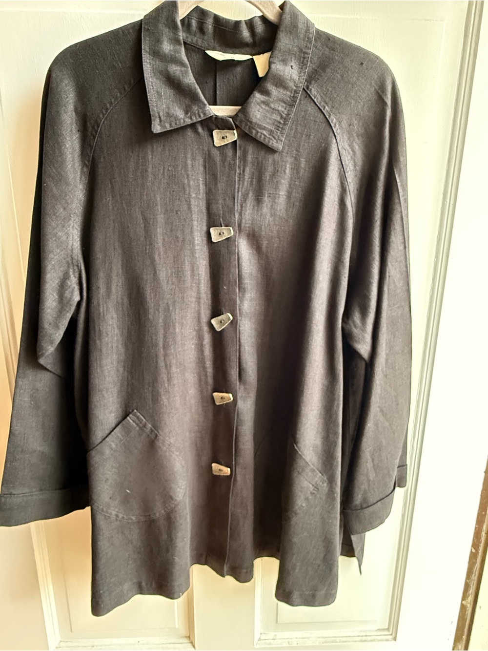 J. Jill Black Linen Button-Front Trench Coat